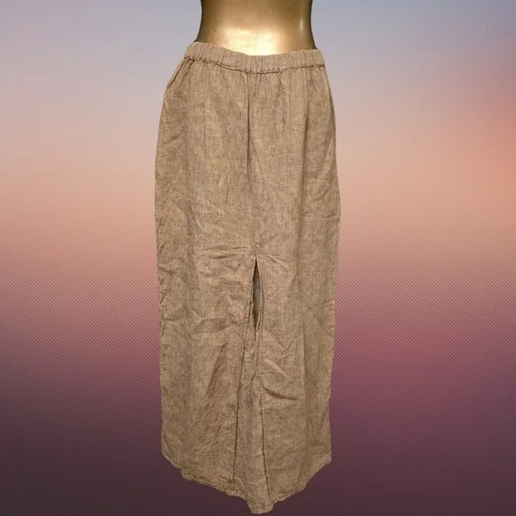FLAX by Jeanne Engelhart Tan 100% Linen Maxi Skirt Elastic Waist Womens M Boho - Picture 1 of 10